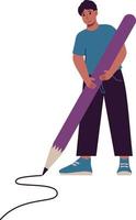 Student Boy With Big Pencil Writing. Vector Concept Illustration In Flat Style