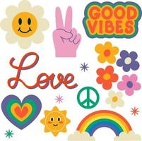 Collection Of Retro Stickers. 1960 Design Elements. Hippie Decoration. Vector Flat Illustration