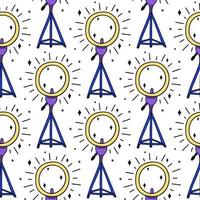 Studio ring lamp seamless vector pattern. Round led on a tripod. Gadget for selfie, streaming, blogging, beauty. Bright glowing device. Flat cartoon background for posters, prints, wallpapers, web