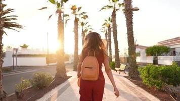 Happy woman in a big yellow hat walking along a palm alley at sunset video