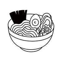 Hand drawn doodle ramen bowl. Korean traditional noodle soup vector illustration. Black and white line Asian food icon isolated on white background.