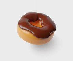3d donut with chocolate glaze. Flying glossy plastic bakery icon. Realistic delicious three dimentional vector illustration on white background.