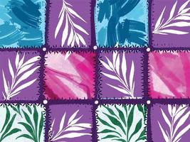 Textured grungy leaves and abstract brush strokes with purple, blue, green, and pink colors isolated on horizontal landscape template. Styled vector wallpaper for scarf textile prints or poster.