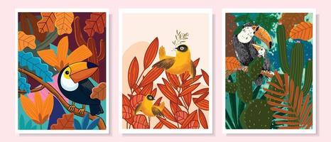 conjunto de tropical naturaleza con hermosa aves en rama vector ilustración antecedentes.