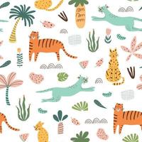 Safari kids pattern. Funny jungle seamless pattern. Palm trees, safari cactus doodle textie background. Cute childish fabric design. African tiger, leopard, cheetah. Hand drawn vector illustration.