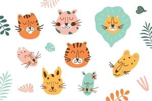 Jungle animal face set. Jungle animal head collection. Funny tiger, lion, leopard, jaguar head. Cartoon animals portraits isolated elements. Safari wild cats, wildlife characters. Vector illustration.
