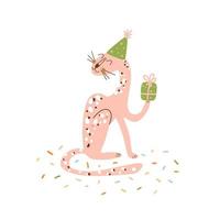 Jungle party pink cheethah in festival hat with gift. Birthday jaguar. Party leopard isolated graphic element. Safari animal wild party. Happy birthday greeting design. Cute wild vector illustration.