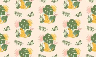 Jungle leopard pattern, african childish pattern Funny jungle seamless pattern. Cute safari leopard, jaguar, tropical leaves, palm trees. Wildlife doodle textile background. Vector illustration.