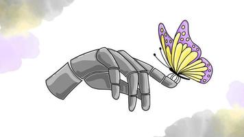 The Butterfly sits on the Robot's Finger Connection between Artificial Intelligence and Nature Vector Illustration of a Mechanical Hand with a Butterfly