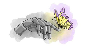 The Butterfly sits on the Robot's Finger Connection between Artificial Intelligence and Nature Vector Illustration of a Mechanical Hand with a Butterfly on a Watercolor Background