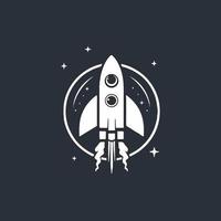 Space rocket launch and flies. Rocket ship retro vintage vector illustration.