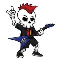 cráneo metal guitarrista levantamiento manos mientras jugando eléctrico guitarra a un concierto. cráneo dibujos animados. vector