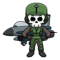 Skull Pilot Posing In Front Of a Fighter Aircraft Wearing His Helmet And Costume.Skull Cartoon. vector