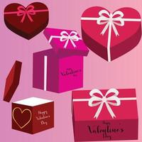 A set of gift boxes. A pink and red box with a heart shaped box that says Happy Valentine's Day. Heart shape and square shape gift box, open and closed gift box, 3D gift box vector