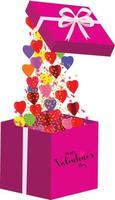abierto regalo caja y volador globos, amor vector. un rojo en forma de corazon caja contiene un contento San Valentín día mensaje. un regalo caja con regalo elementos. contento del padre día, contento de la madre día. vector