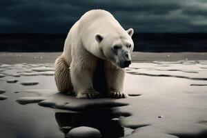 A sad polar bear on a small ice floe created with technology. photo