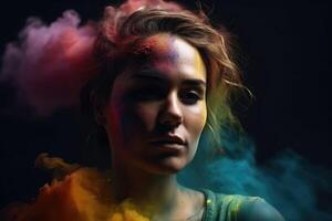 Exploding colour powder in rainbow colours forming a portrait of a beautiful young woman created with technology. photo