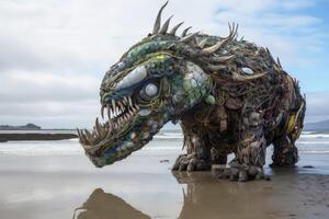 A monster made of plastic waste on the ocean beach created with technology. photo