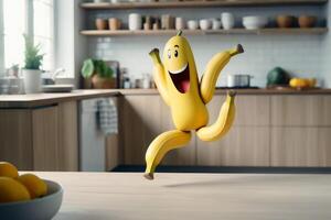 A smiling banana with arm and legs running on a kitchen table created with technology. photo