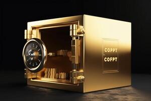 Gold Safe deposit with crypto currency logo and copy space created with technology. photo