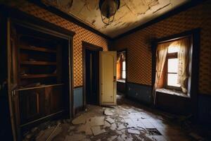 Inside an abandoned haunted house created with technology. photo