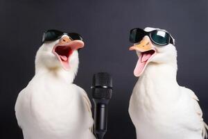 Two white goose singing a song created with technology. photo