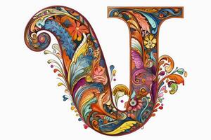 A very colourful and ornate letter U on a white background created with technology. photo