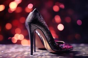 Stylish high heel shoes with glitter and bokeh lights created with technology. photo
