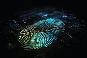 Detailed fingerprint made of glowing light on a dark technical background created with technology. photo