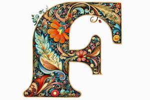 A very colourful and ornate letter F on a white background created with technology. photo