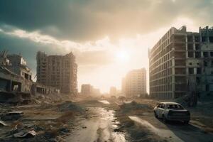 Post apocalyptic and destroyed buildings in a big city created with technology. photo