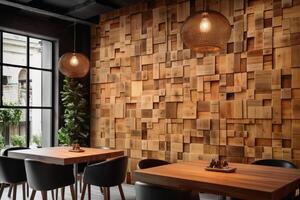 A room with block shaped wooden panels on the wall created with technology. photo