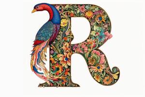 A very colourful and ornate letter R on a white background created with technology. photo