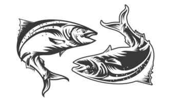 Salmon fish jumping from water set vector design black and white.