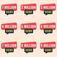 video views banner for thumbnail design 1 million to 9 million views label set vector