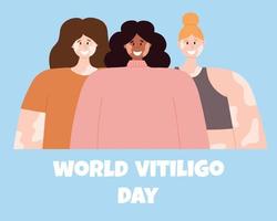 un mujer con vitiligo piel enfermedad acepta su apariencia, ama sí misma. mundo vitiligo día. vector ilustración. póster con un contento niña con vitíligo.