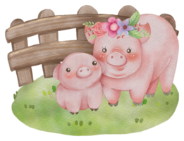 Mom and Baby cute animal watercolor character png