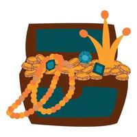 Cute hand drawn treasure chest. Gold, beads, diamonds. White background, isolate. vector