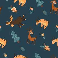 WebSeamless pattern with forest animals. Elk, deer, roe deer. Design for fabric, textile, wallpaper, packaging. vector