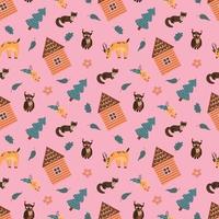 Seamless pattern with forest hut, animals and Christmas trees. Design for fabric, textile, wallpaper, packaging. vector