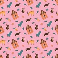 Seamless pattern with forest hut, animals and Christmas trees. Design for fabric, textile, wallpaper, packaging. vector