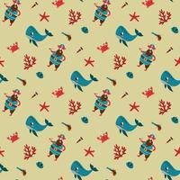 Seamless pattern with pirates, cute whales and crabs. Design for fabric, textile, wallpaper, packaging. vector