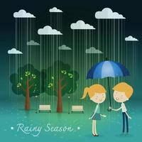 boy gift umbrella girl ,rainy season in park vector