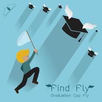 Man jumping to find graduation cap flying vector