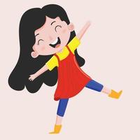 ilustración de un niña con un contento expresión, sonriente, saltando, cantando, alegre, vistiendo un verano tema vestir vector