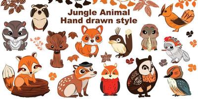 Bundle set Vector illustration of cute woodland forest animals including a bird, deer, fox, raccoon, hedgehog, squirrel and more