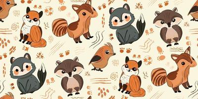 Vector illustration of cute woodland forest animals including a bear, deer, fox, raccoon, hedgehog, squirrel, and rabbit seamless pattern