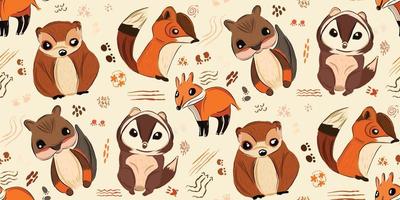 Vector illustration of cute woodland forest animals including a bear, deer, fox, raccoon, hedgehog, squirrel, and rabbit seamless pattern