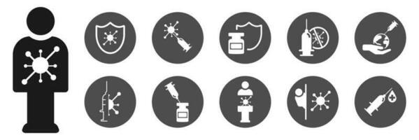 Coronavirus vaccine distribution icon. Vaccination COVID-19. Syringe. Vector icons set.