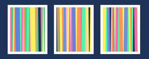 Colorful bar code wall art posters set. Abstract rainbow lines texture, geometric pattern. Y2k retro NTSC screen test. TV color bars brochure. Modern minimalistic home interior. Vector illustration.